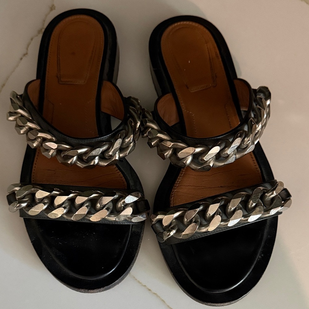 Givenchy Black Sandals with Silver Chain Detail